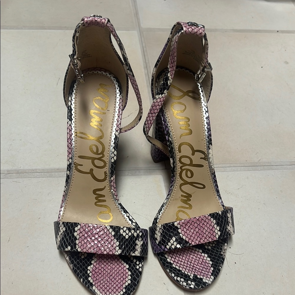Sam Edelman Pink & Black Snakeskin Ankle Strap Block Heel Sandals